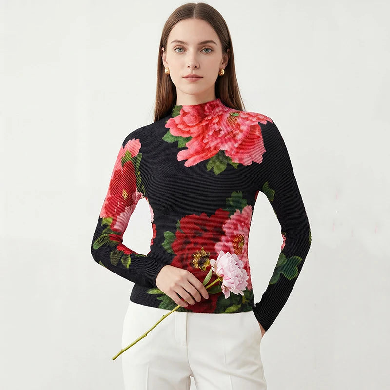 LANMREM 2026 spring New Printed women's pleated Pullover Top high elastic Slim Fit Long Sleeve stand collar T-shirt 2DB667