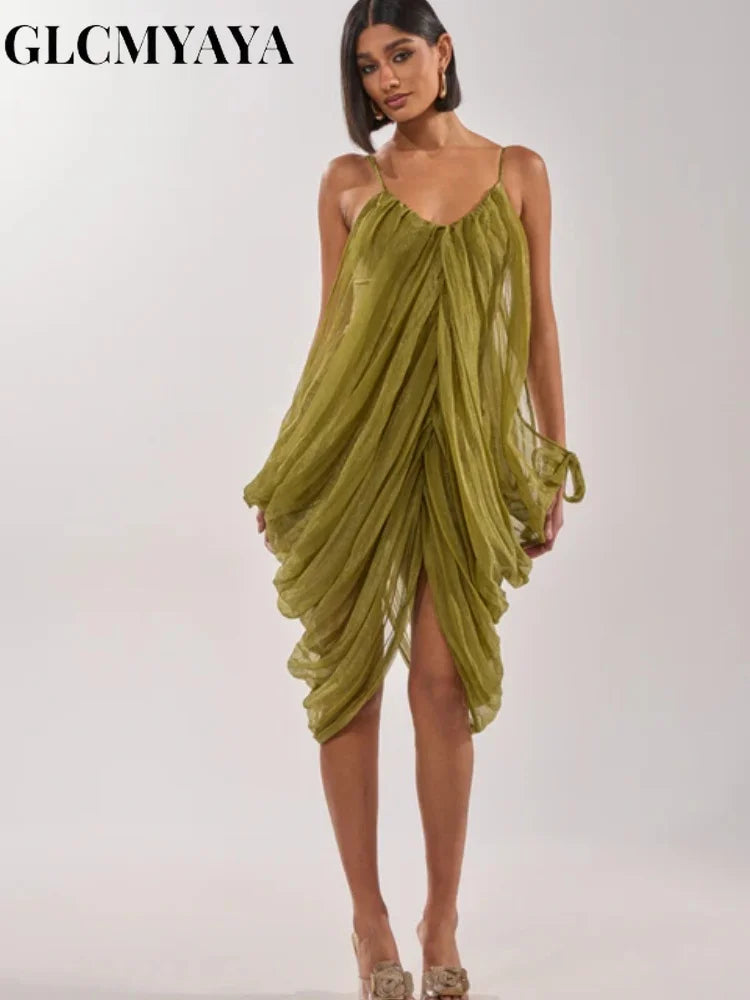 CM.YAYA Women Sheer Mesh Draped Plunging Neck Mini Slip-style Midi Dress 2026 Summer Holiday Birthday Vacation High-low Dresses