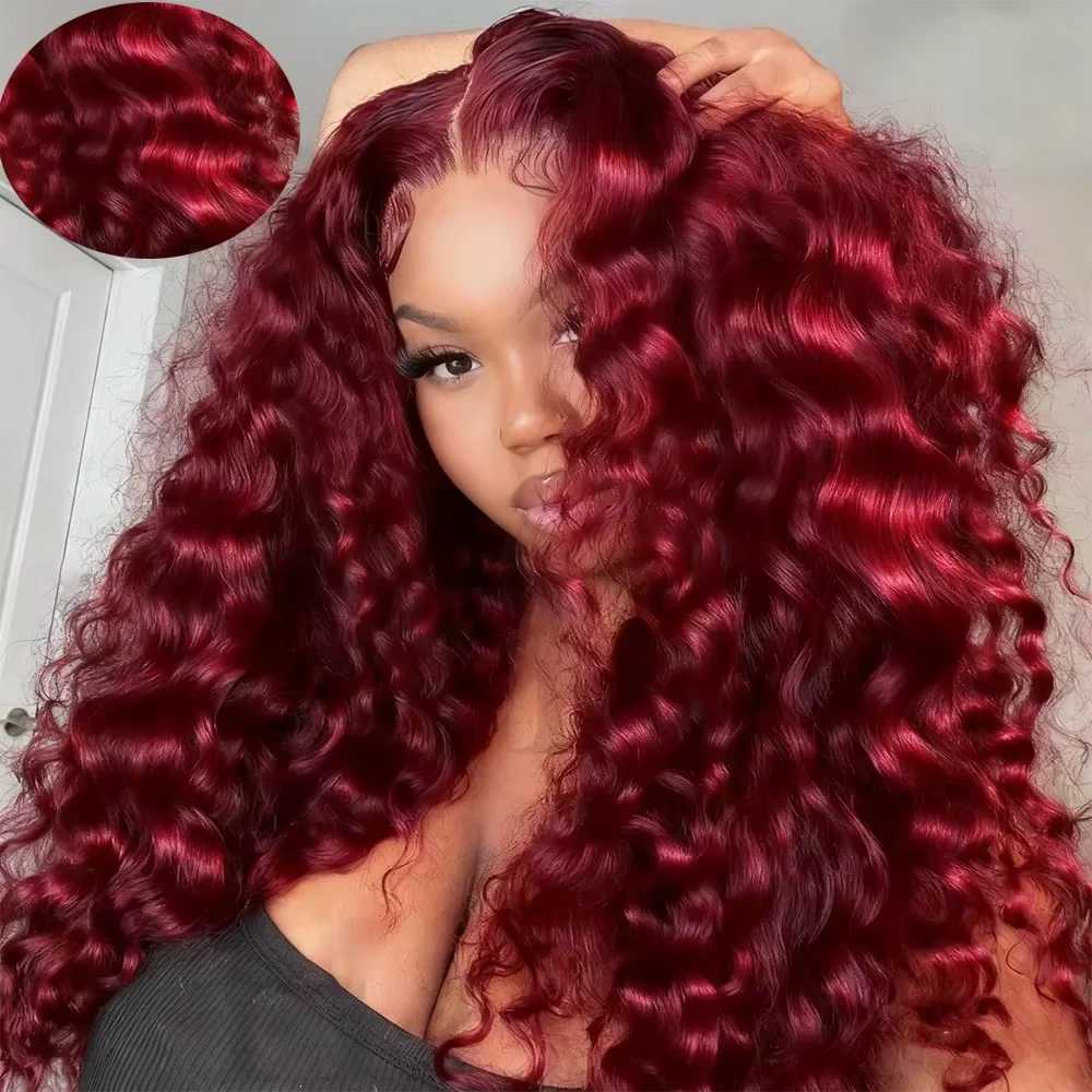 HD Transparent Lace 200% Density 13x4 13x6 Full Frontal Lace 99j Burgundy Preplucked Colored Deep Wave Frontal Human Hair Wig 99j Deep Wave Wigs