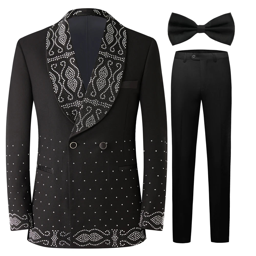 Men Black Double Breasted Tuxedo Suit 2 Pieces Silver Embroidery Rhinestone Shawl Lapel Slim Fit Jacket Pants Set Wedding Groom Blazer For Party Prom