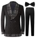 Men Black Double Breasted Tuxedo Suit 2 Pieces Silver Embroidery Rhinestone Shawl Lapel Slim Fit Jacket Pants Set Wedding Groom Blazer For Party Prom