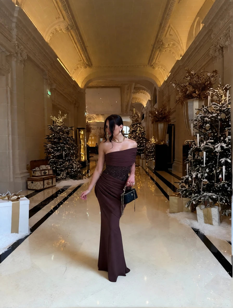 Suninheart One Shoulder Evening Dress for Women Elegant Draped Sequins Dress Long Back Lace Up Mermaid Maxi Party Dress