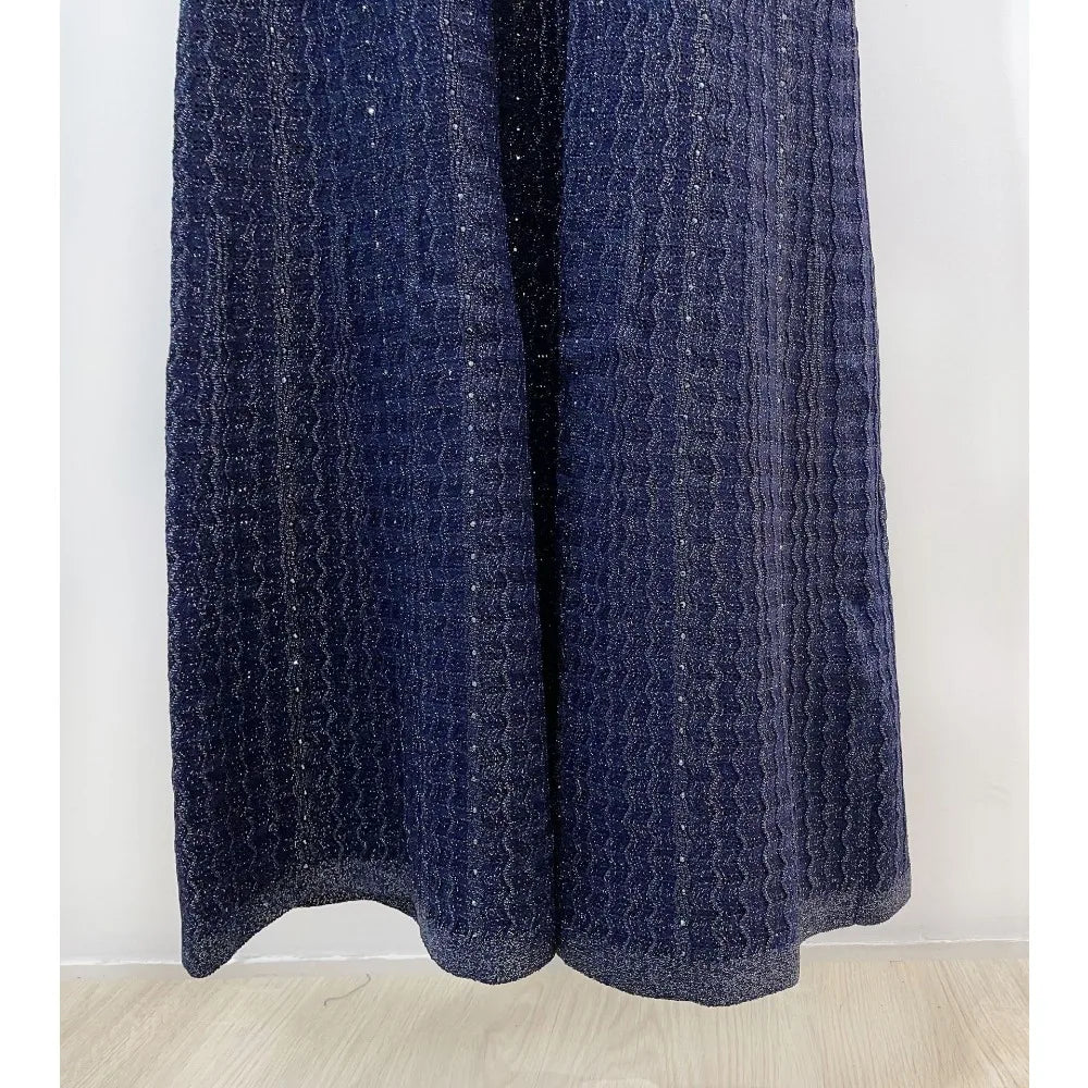 Women Diamond Embellished Sparkling Knitted Dress Hollow Out Elegant Female O-Neck Navy Blue Single Breasted Knit Midi Robe