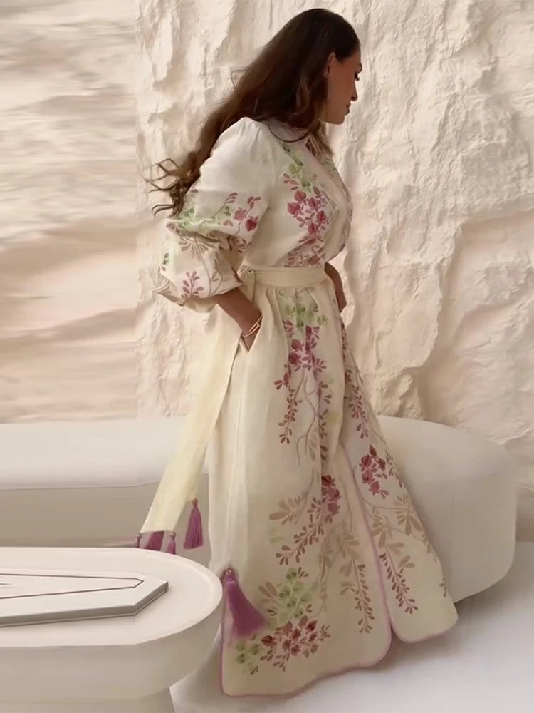 Retro Floral Print Women's Long Dress With Tassel Belt Stand Collar Long Sleeve Muslim Kaftan Dresses 2026 Spring New Lady Robes