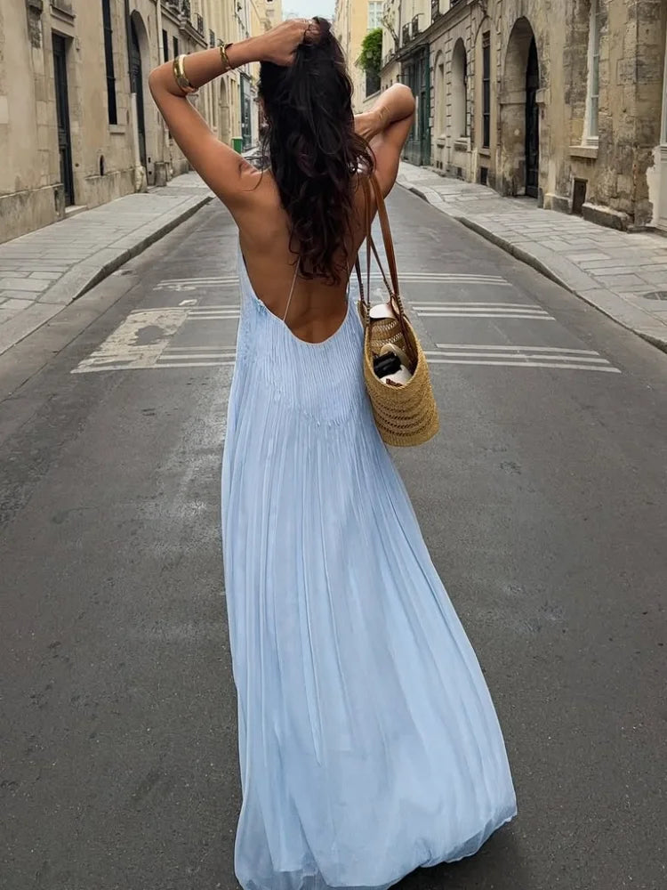 Sexy Women's Solid Color Pleated Long Dress Elegant Sleeveless Suspender Backless Slim Fit Dresses Beach Party Women's Robe