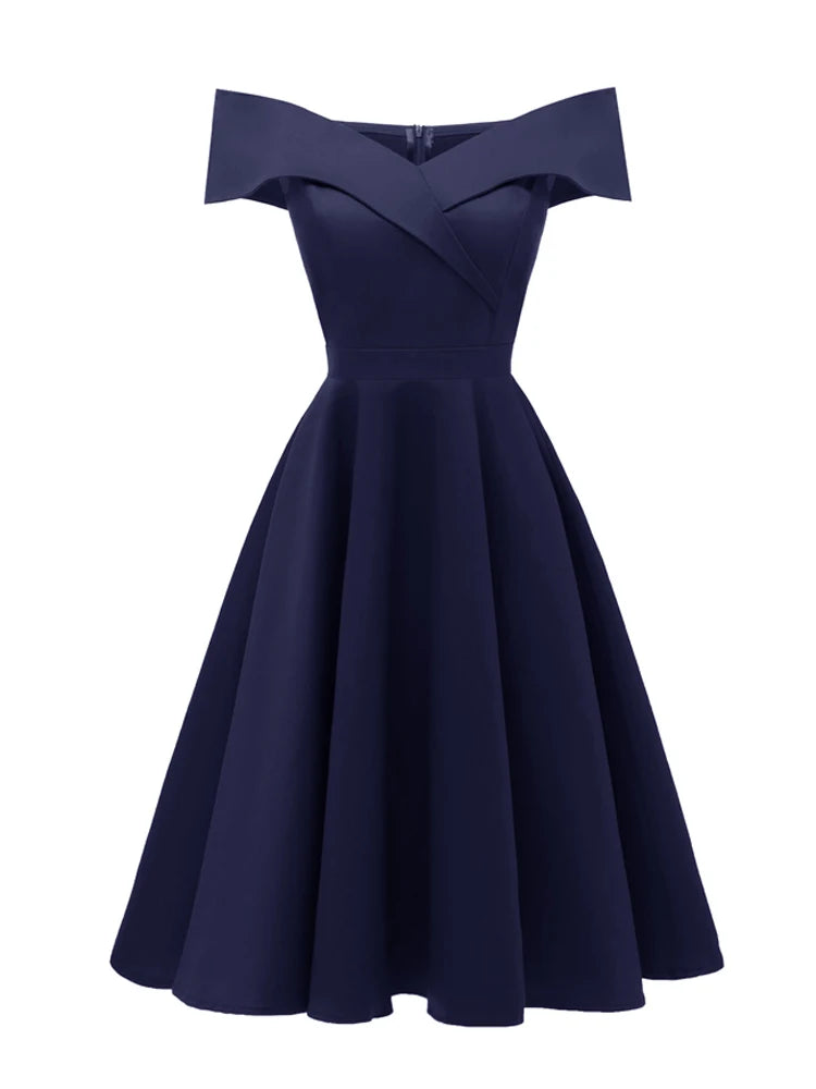 Tonval Vintage Off the Shoulder Party Sexy Evening Birthday Dresses Prom Elegant Women Fit and Flare Cotton Dress