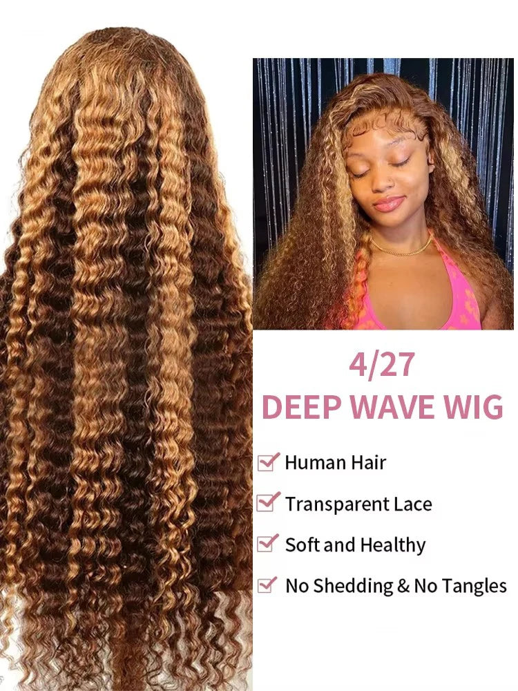 40 42 Inch Highlight Deep Wave 13x6 HD Lace Frontal Wig Human Hair Honey