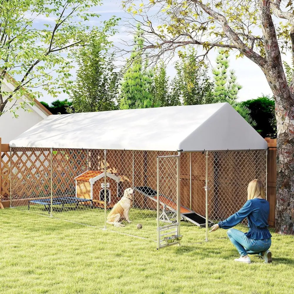 Large Outdoor Dog Kennel 20x7.5x7.5 ft, Heavy Duty, Waterproof, Adjustable Bowl Rack, Secure Lock, Galvanized Steel Enclosure fo