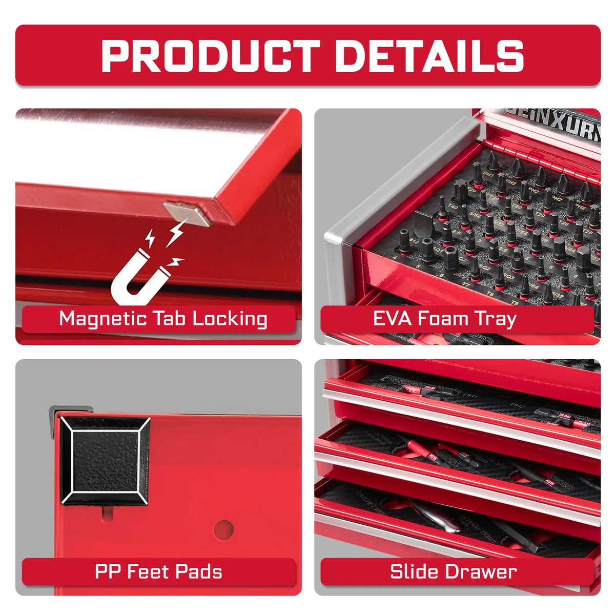 Geinxurn Tool Set, Heavy-Duty Red Tool Chest with 4 Drawers, Professional Socket for Auto Repair, Home Maintenance