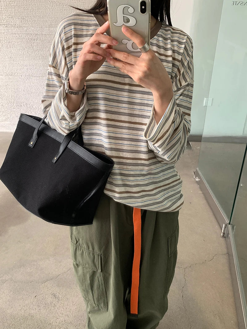 Spring and Summer Women's Casual Contrasting Color Round Neck Long Sleeved Striped Sunscreen T-Shirt