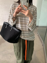Spring and Summer Women's Casual Contrasting Color Round Neck Long Sleeved Striped Sunscreen T-Shirt