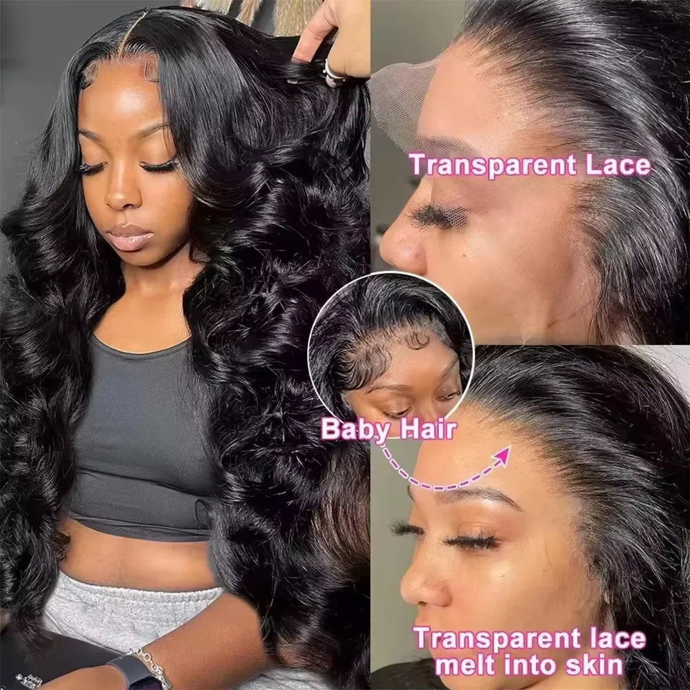 18-46 Inch Natural Black Body Wave 13x6 HD Transparent Lace Front Wig 200 Density Pre Plucked Hairline Supports Various Styling Creations