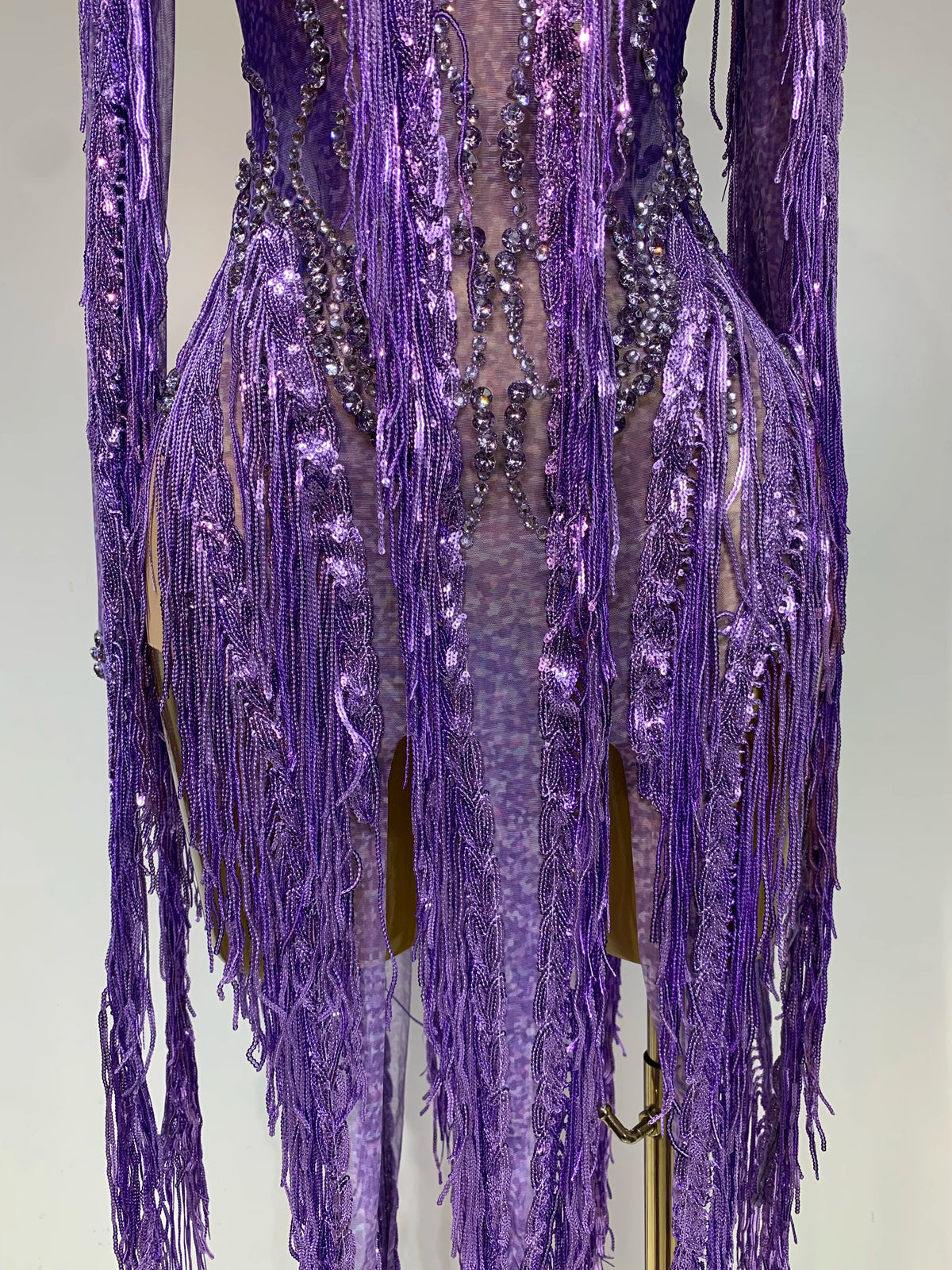 Women Sparkly Diamond Purple Tassel Long Sleeves Mesh See Through Dress Latin Dance Outfits Bar Nightclub Party Club Stage Wear
