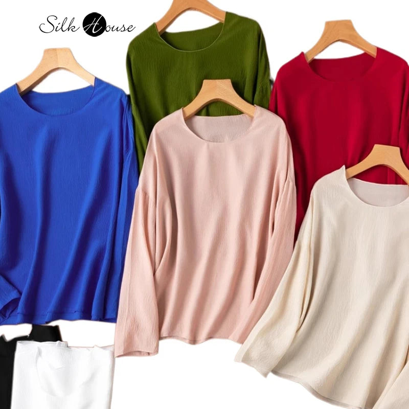 2025 Women's Leisure Summer New 100% Natural Mulberry Silk Bubble Crepe Long Sleeve Air Feel Loose Round Neck Solid T-shirt