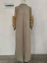 LANMREM Maxi Pleated Dress Round Neck Spliced Fungus Full Sleeve Dresses For Women 2025 New Spring Clothing 2Qa1331
