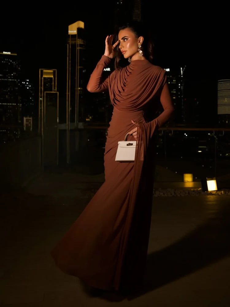 Solid Draped Neckline Long Dress Women Elegant Full Sleeve Cinched-waist Pleated Bodycon Robe 2026 Lady Chic Evening Dinner Gown
