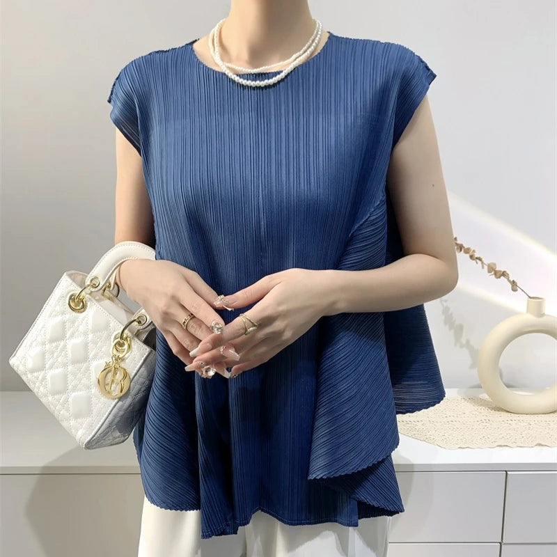 Pleated T-Shirt Summer New Simple Fashion Irregular Sleeveless Loose Casual Round Neck Women's Lightweight Stretch Top