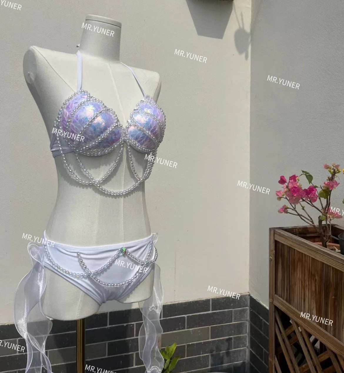 Bikini Mermaid Role Play Bra Aquarium Beach Corset Sequin Triangle Lace Up Bra Mermaid Performance Bra