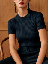 Women's Pit Stripes Knitted Tshirt Solid Color Round Neck Short Sleeve Lady Slim Fit Stretch Tee Knitwear 2025 Summer