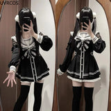Japanese Style Gothic Y2k Lolita Bow Dress Shorts Set Women Vintage Sweet Long Sleeve Button Shirt Party Dresses Slim Mini Dress