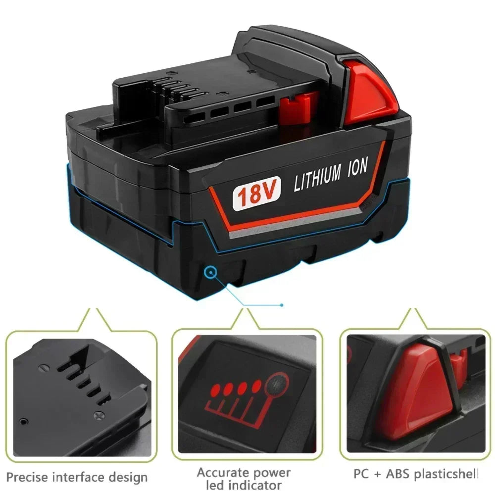 18V For Milwaukee M18 Power Tool Battery, Charger, BR, XC, 18V, 12800mAh M18B5, 48-11-1860, Built-in 18650 Battery