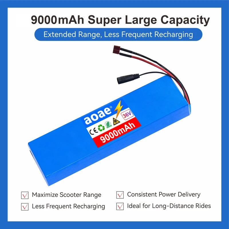 36V Electric Scooter Battery 9.0Ah 18650 Grade-A Cells 10S3P 500W-1000W Built-in BMS XT30 JST Long Range Safe & Durable