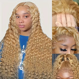 Deep Wave Honey Blonde Human Hair Wig #27 Curly HD Transparent Lace Front Wigs For Women Pre Plucked Wigs 200% Density 30 Inch