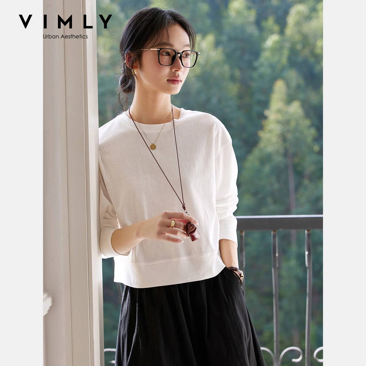 VIMLY Women's Cotton White Tees 2026 Spring Round Neck Pullover Long Sleeve T-shirt Casual Loose Tops for Woman Clothes A0712