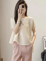 Miyake Style Pleated Tops for Women 2024 Summer New High-End Loose Large Size Stretch Fabric Clothes Temperament T-Shirt