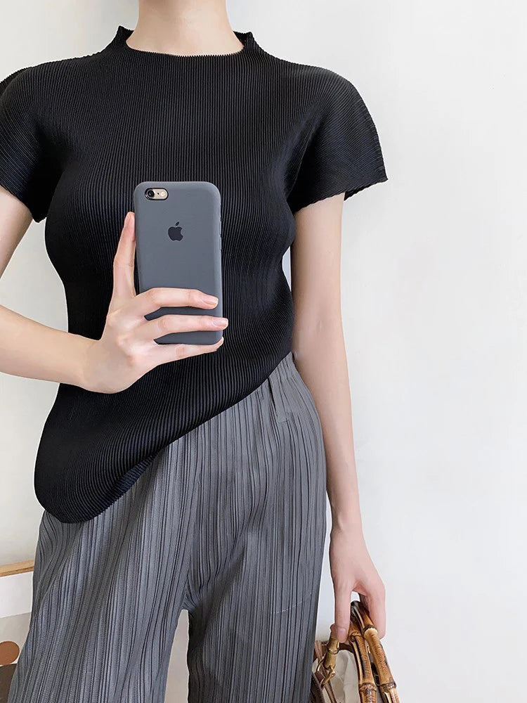 Miyake Pleated Short Sleeve Tops Women's New Summer Round Neck Solid Color Lemon Yellow Causal Korean Fashion T-Shirt