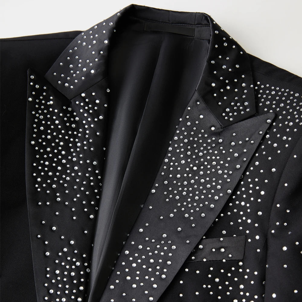 Men Sparkling Rhinestone Tuxedo Suit 3‑Pcs Set Blazer+Pants+Bow Tie Slim Fit Black Crystals Beading Wedding Groom Prom Party Stage Performance Formal Costume Homme