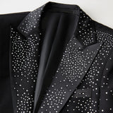 Men Sparkling Rhinestone Tuxedo Suit 3‑Pcs Set Blazer+Pants+Bow Tie Slim Fit Black Crystals Beading Wedding Groom Prom Party Stage Performance Formal Costume Homme