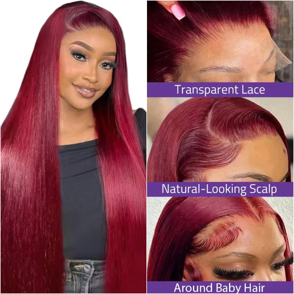 30 40 Inch 99J Colored 13x6 Lace Front Human Hair Wig Straight Burgundy 13x4 HD Transparent Lace Frontal Wigs Red Wigs For Women