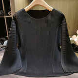 LANMREM High-end Turquoise Women's Pleated T-hsirt Flared Sleeve Long Sleeve Loose Fit Casual Stylish Pullover Top 2DB7543