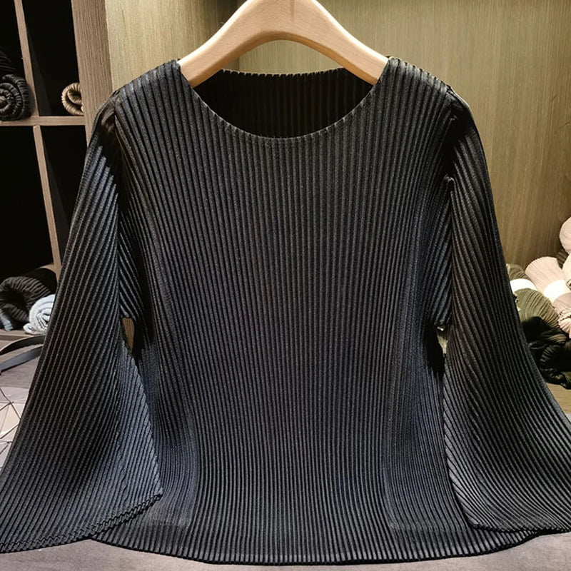 LANMREM High-end Turquoise Women's Pleated T-hsirt Flared Sleeve Long Sleeve Loose Fit Casual Stylish Pullover Top 2DB7543
