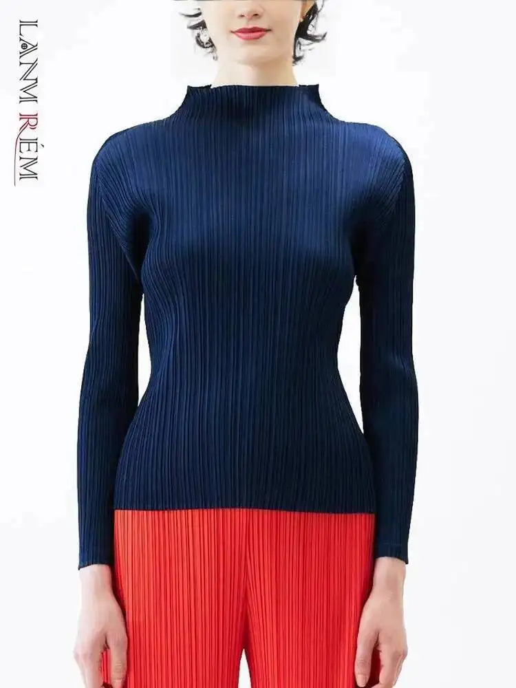 LANMREM 2025 New Long Sleeved Women's Pleated T-shirt Base Solid Color Stand Collar Slim Fit Long Pullover Tops Chic 2DB2996
