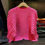 LANMREM Irregular Pleated Texture Womens's T-Shirt Chic New Elegant Versatile Loose Round Neck Solid Color Pullover Tops 2DB6501
