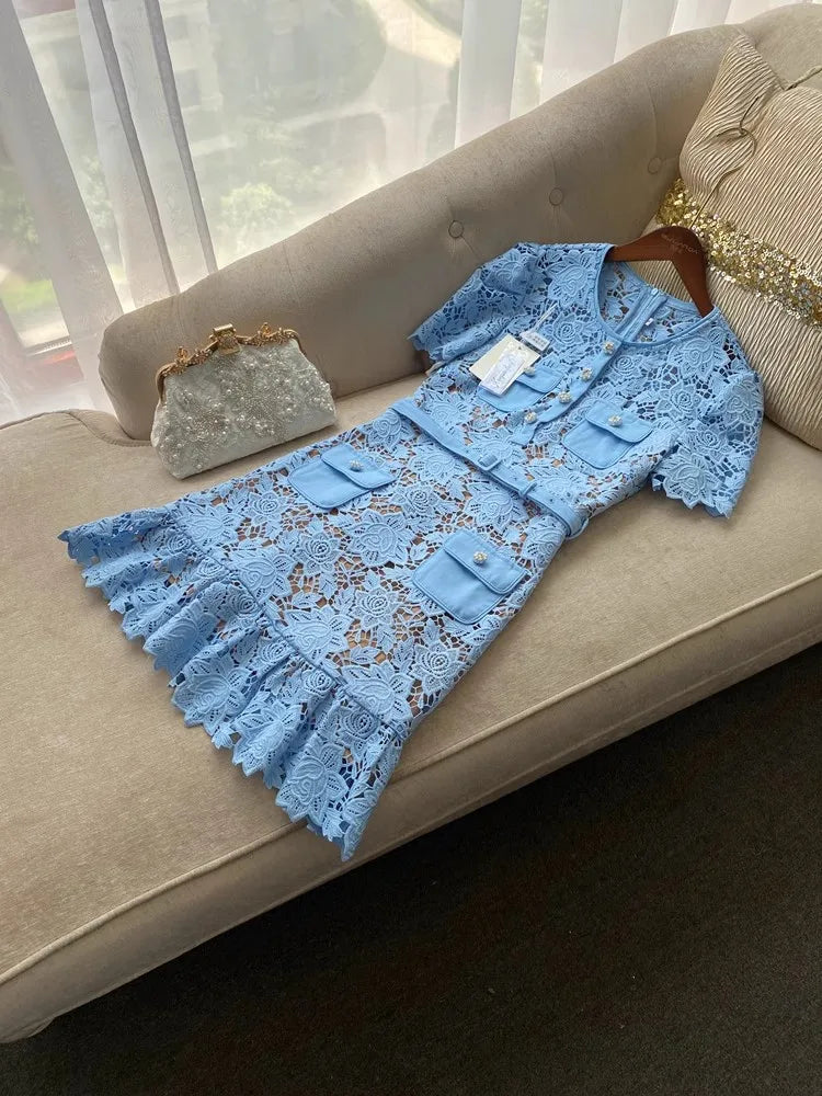 Blue Lace Dress Women Summer with Belt Short Sleeve Streetwear Clothing Lady Hollow Out Runway Design Vestidos Bodycon
