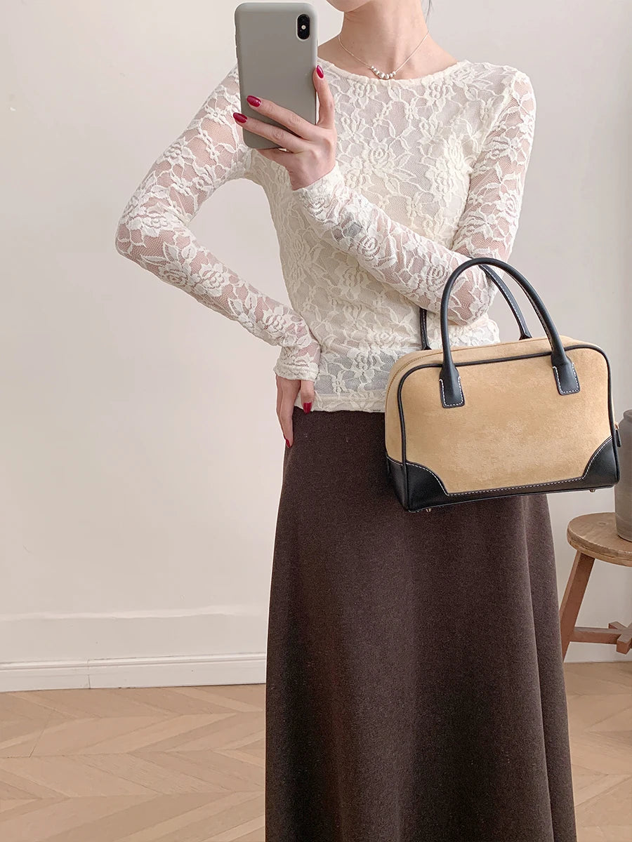 Hirsionsan 2026 Pure Desire Long Sleeved Lace T-shirt for Women in Spring, Slim Fit, Waist Cinching, and Bottom Layer Shirt
