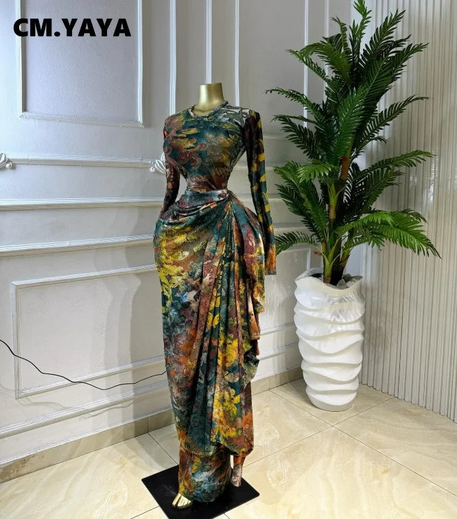 CM.YAYA Women Tie Dye Print O-neck Ruched Ribbon Long Dress 2026 Fall Street Evening Birthday Beach Party Vestidos Sexy Dresses