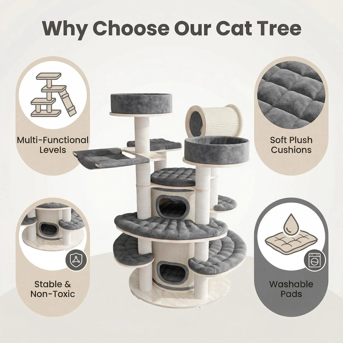 1.7m Extra Large Multi-Level Luxury Wooden Cat Tower E0 Plywood Cat Condo with Paper Rope Scratching Post for Multiple Cats
