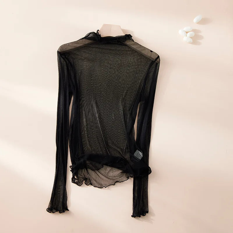 BirdTree, 100%Real Silk Girl Mesh T-shirt, Women Long Sleeve Transparent, Breathable Sexy Tops, 2026 Summer Autumn New T46587QM