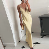 Women Dress Satin Slip Midi Spaghetti Strap Dress V-Neck Lace Trim Bust Slimming Flared Split Hem Elegant Solid Dress For Ladies