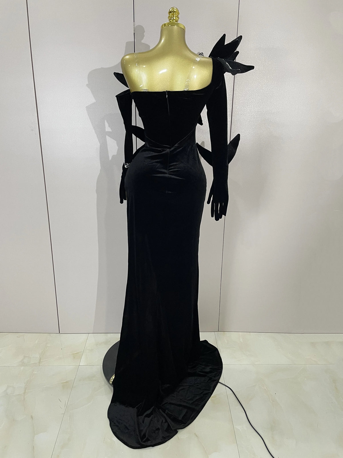Shiny Diamond Velvet Sexy Side Slit Floor Length Dress With Gloves Women Chic Birthday Banquet Show Host Nightclub Stage Wear