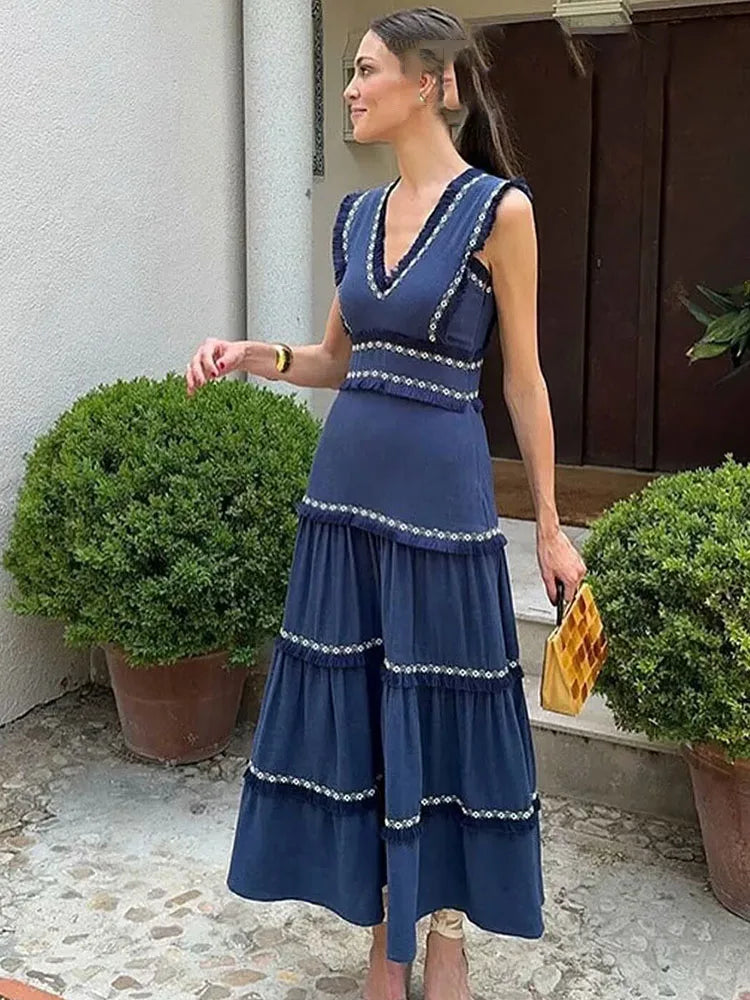HH Summer Fashion Women Dresses V-Neck Sleeveless Back Zipper Lace Decorative Tassels Woman High Street Vestidos Dress Mujer