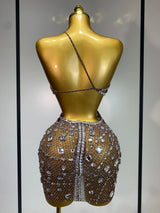 Sexy Sparkly Diamond Backless Short Dress 2025 Women Sleeveless Mesh See Through Evening Birthday Gown Singer Stage Outfit