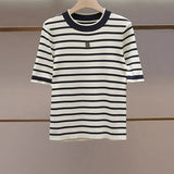 Women Short Sleeved Striped T-Shirt Loose and Versatile Round Neck Lady Summer Casual Tee