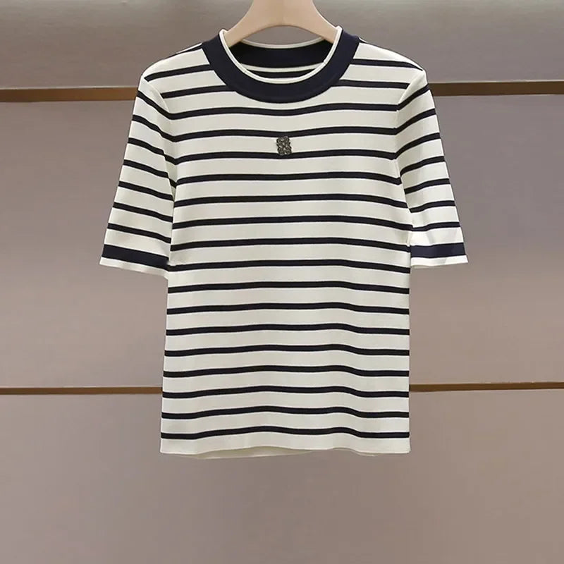Women Short Sleeved Striped T-Shirt Loose and Versatile Round Neck Lady Summer Casual Tee