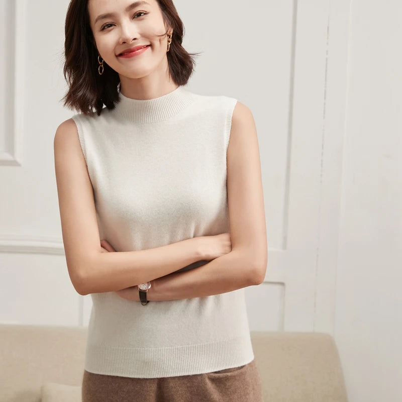 Women Cashmere T-shirt Half High Collar Short Sleeve Pullover Sweater For Spring Summer 100% Cashmere Knitwear Female T-shirt