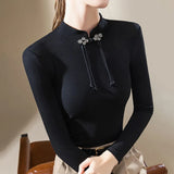 Women's Standing Collar Long Sleeved T-shirt with A Base, Chinese Style, Retro Button Top, New, Autumn and Winter